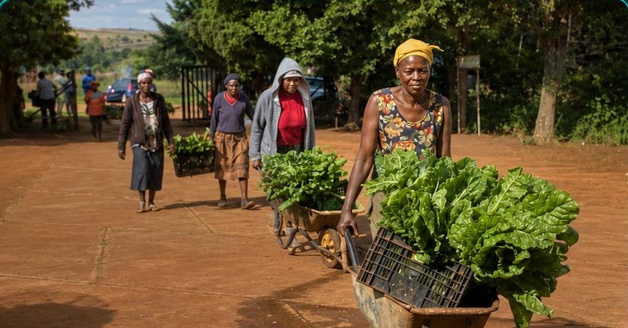 Farmers bringing freshly harvested vegetables from the field
